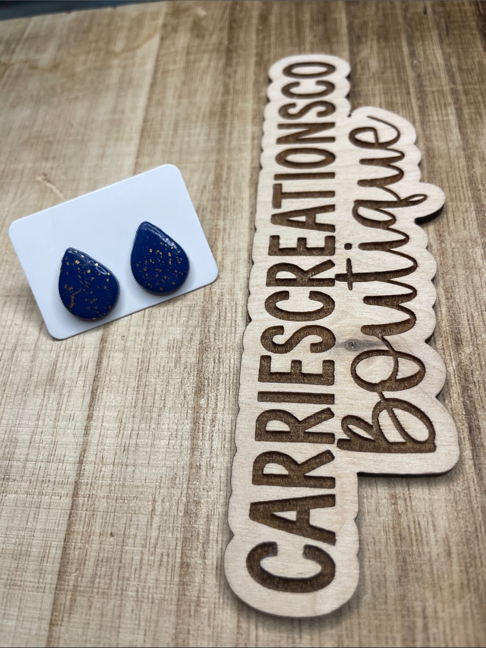 Navy Blue Teardrop Stud Earrings with Gold Flecks
